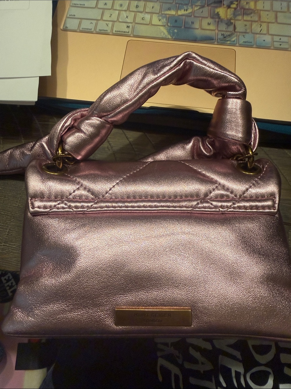 Kurt Geiger Metallic Pink Quilted Chain-Handle Shoulder Bag - Picture 2 of 4
